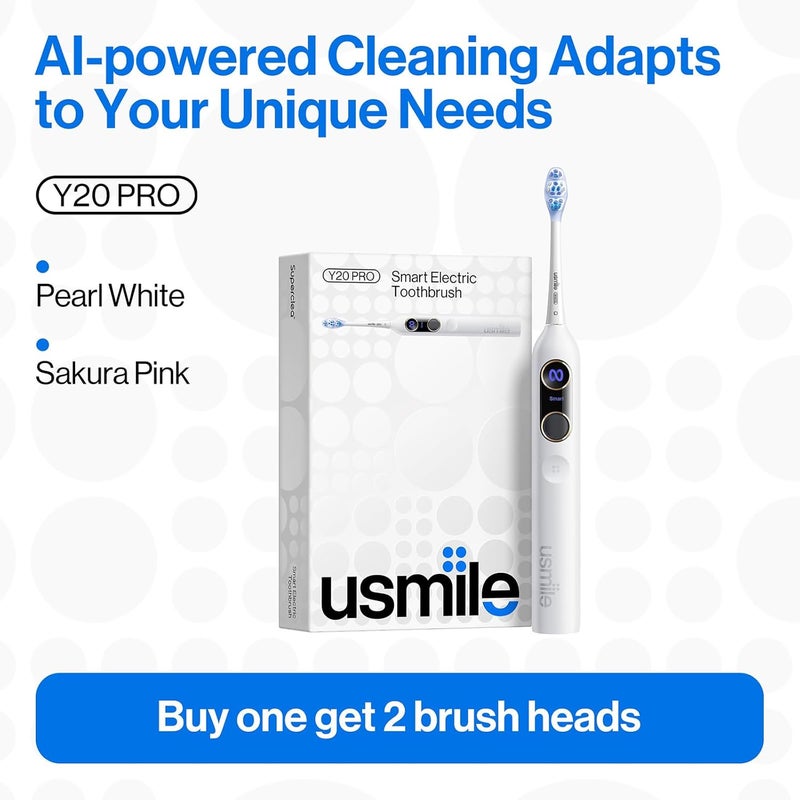 usmile فرشاة أسنان كهربائية Y20PRO، فرشاة ذكية مدعومة بالذكاء الاصطناعي مع وضع تلقائي AM/PM، 4 أوضاع للتنظيف، بطارية تدوم 90 يومًا، تحكم عبر التطبيق، خريطة ثلاثية الأبعاد في الوقت الحقيقي، رأسين فرشاة متضمنين - Image 4